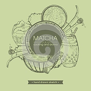 Hand-drawn sketch different matcha drinks and cookings