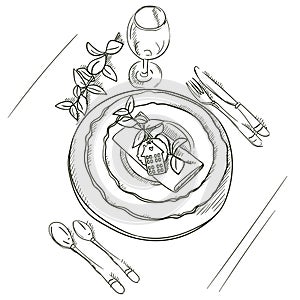A hand-drawn sketch of a dinner service for a wedding ceremony. Preparation for the wedding ceremony. Plates, champagne