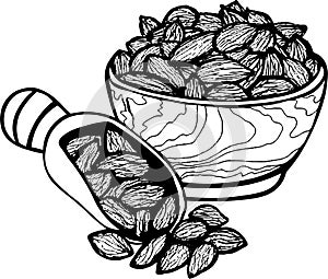 Hand drawn sketch doodle vector illustration cardamon doodle almond or cardamon nuts in the bowl dish with the shovel black