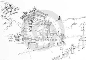 Hand drawn sketch of Entrance Gate to the Po Lin Monastery, Lantau Island, Hong Kong, China