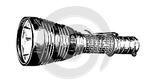 Hand drawn sketch of flashlight in black isolated on white background. Detailed vintage etching style drawing.
