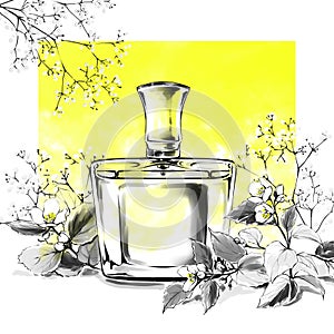 Perfume bottle glass fragrance watercolor illustration, fashion sketch, art print