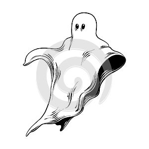 Hand drawn sketch of ghost in black isolated on white background. Detailed vintage etching style drawing.