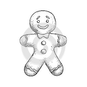 Hand drawn sketch gingerbread man icing decorated. Traditional Christmas cookie.