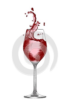 Hand drawn sketch a glass of wine with a splashes, colorful isolated on white background. Detailed vintage woodcut style