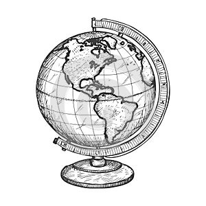 Hand-drawn Vintage Globe, Detailed Sketch of World Map on a Stand