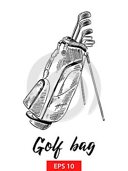 Hand drawn sketch of golf bag in black isolated on white background. Detailed vintage etching style drawing.