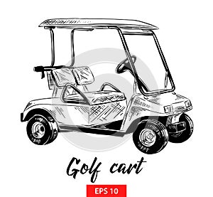 Hand drawn sketch of golf cart in black isolated on white background. Detailed vintage etching style drawing.