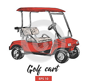 Hand drawn sketch of golf cart in red isolated on white background. Detailed vintage etching style drawing