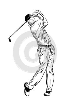 Hand drawn sketch of golfer in black isolated on white background. Detailed vintage style drawing. Vector illustration