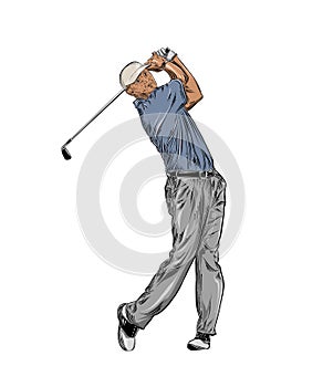 Hand drawn sketch of golfer in color isolated on white background. Detailed vintage style drawing. Vector illustration