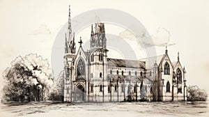 Hand Drawn Sketch Of A Gothic Cathedral In Wine Country Italy