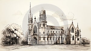 Hand Drawn Sketch Of A Gothic Cathedral In Wine Country Italy photo