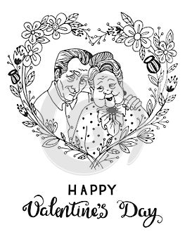 Hand-drawn sketch greeting card for Valentine`s Day with cartoon happy old couple together.