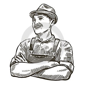 Hand-drawn sketch happy farmer. Farming, agriculture vintage vector illustration