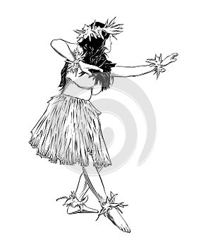 Hand drawn sketch of Hawaiian hula dancer black isolated on white background. Detailed vintage etching style drawing.