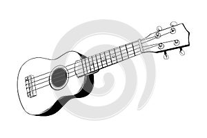 Hand drawn sketch of Hawaiian ukulele guitar in black isolated on white background. Detailed vintage etching style drawing. photo