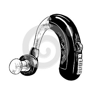 Hand drawn sketch of hearing aid in black isolated on white background. Detailed vintage etching style drawing.