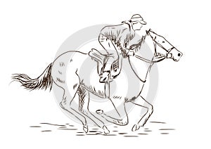 Hand drawn sketch of Horse running in race rider, vector illustration.