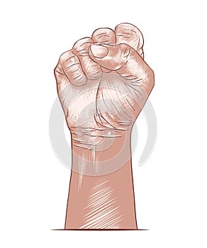 Hand drawn sketch of human fist in colorful isolated on white background. Detailed vintage woodcut style drawing