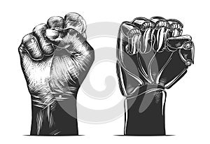 Hand drawn sketch of human and robot fist gesture in monochrome isolated on white background. Detailed vintage woodcut drawing