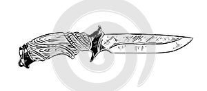 Hand drawn sketch of hunting knife in black isolated on white background. Detailed vintage etching style drawing.