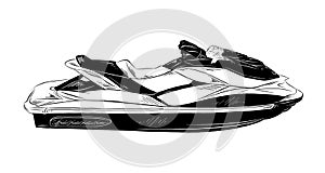 Hand drawn sketch of jet ski in black isolated on white background. Detailed vintage etching style drawing.