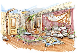 Hand drawn sketch of a jungle style playroom interior