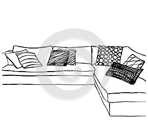 Hand drawn sketch of living room interior with a sofa, pillows and nightstands.