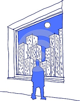 Hand drawn sketch of man looking through a window at a city full of skyscrapers