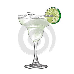 Hand drawn sketch of Margarita alcoholic cocktail, colorful isolated on white background. Detailed vintage woodcut style