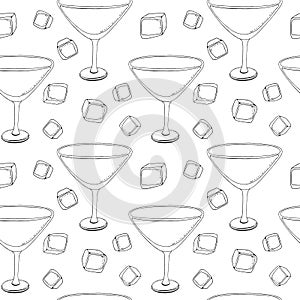 Hand-drawn sketch of martini glass. Seamless glassware background. Glassware pattern. Black and white style. Vintage