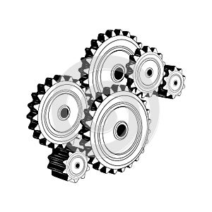 Hand drawn sketch of mechanical gears in black isolated on white background. Detailed vintage etching style drawing.