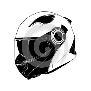 Hand drawn sketch of motorcycle helmet in black isolated on white background. Detailed vintage etching style drawing.