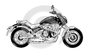 Hand drawn sketch of motorcyrcle in black isolated on white background. Detailed vintage etching style drawing.