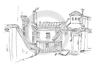 Hand drawn sketch of old town houses