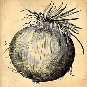 Hand drawn sketch of onion on old paper background illustration.