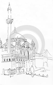 Hand drawn sketch of Ortakoy pier with the Buyuk Mecidiye Mosque, Istanbul, Turkey