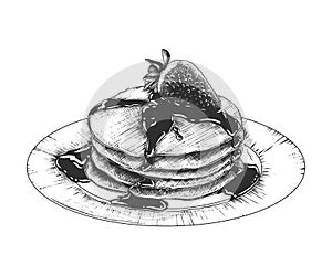 Hand drawn sketch of pancakes on the plate in monochrome isolated on white background. Detailed vintage woodcut style drawing.