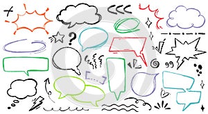 Hand drawn sketch pencil check marks, strokes, underline, emphasis and speech bubbles