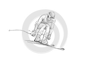 Hand-drawn Sketch, Pencil Illustration of an Alpine Skier Jumping Downhill