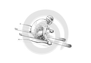 Hand-drawn Sketch, Pencil Illustration of an Alpine Skier Speeding Downhill