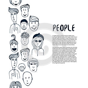 Hand drawn sketch people collection. Vector design business template. Border with people for flyer, banner, poster, brochure