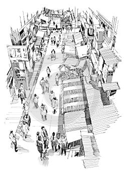 Hand drawn sketch of people walking in market street