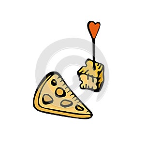 Hand drawn sketch of a piece of cheese. Vector illustration of snacks. Isolated object