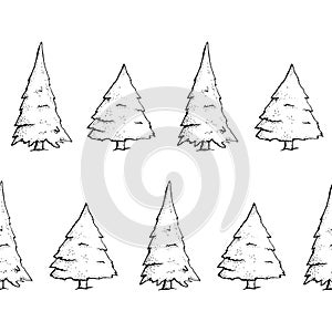 Hand Drawn Sketch Pine Trees seamless border. Spruce isolated on a white background. Christmas design elements, doodle