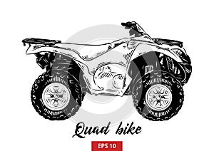 Hand drawn sketch of quad bike in black isolated on white background. Detailed vintage etching style drawing.
