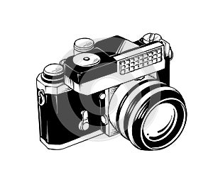 Hand drawn sketch of retro camera in isometry isolated on white background. Detailed vintage etching style drawing