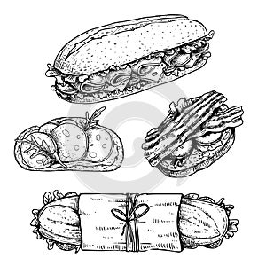 Hand drawn sketch sandwiches set.  Submarine, ciabatta, sandwiches with lettuce leaves, salami, cheese, bacon, ham and veggies. To