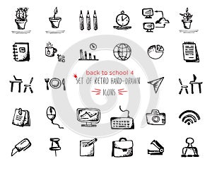 Hand-drawn sketch school tools icon set Black on white background